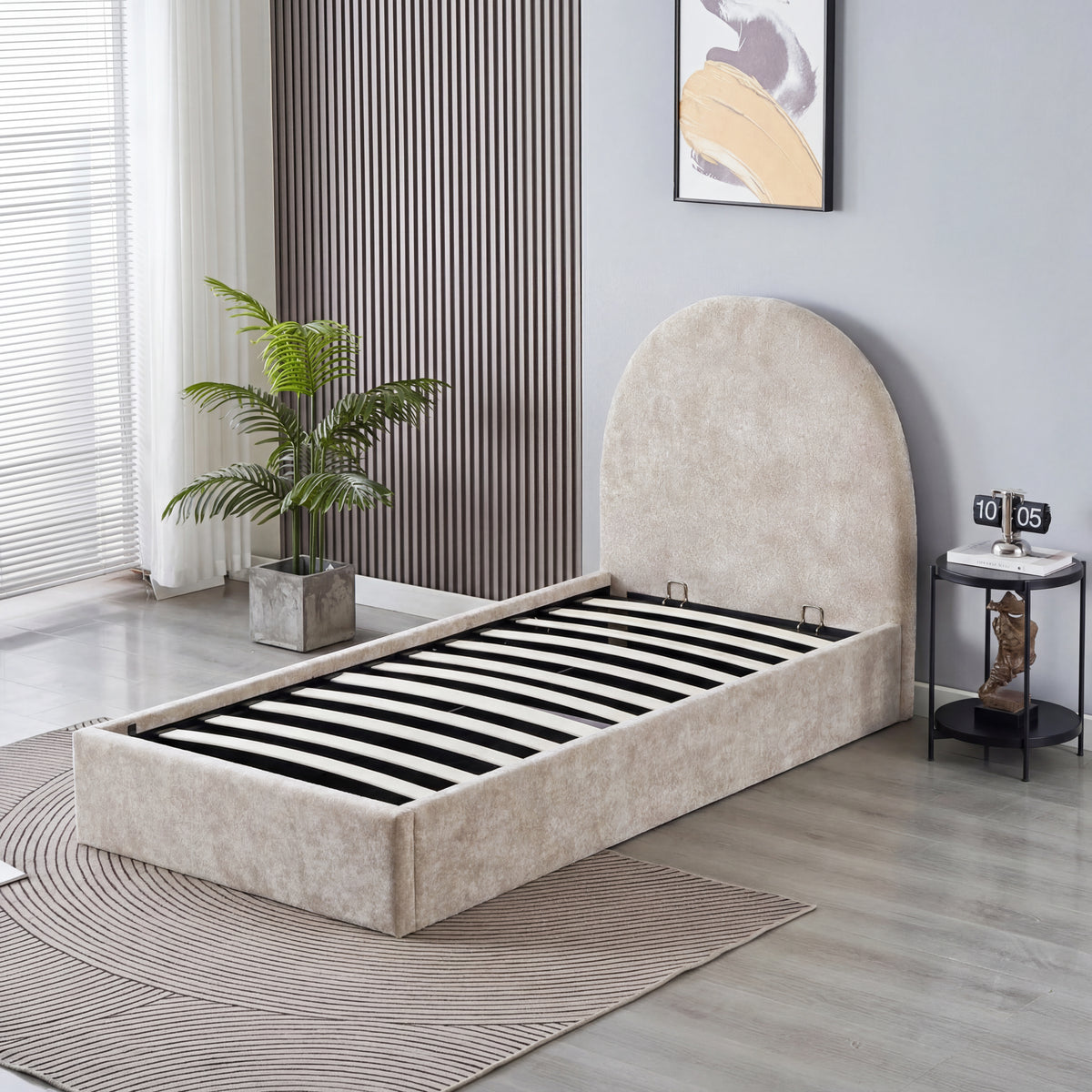 Lit coffre 90x190 beige tête de lit arrondie sommier inclus #couleur_doudou