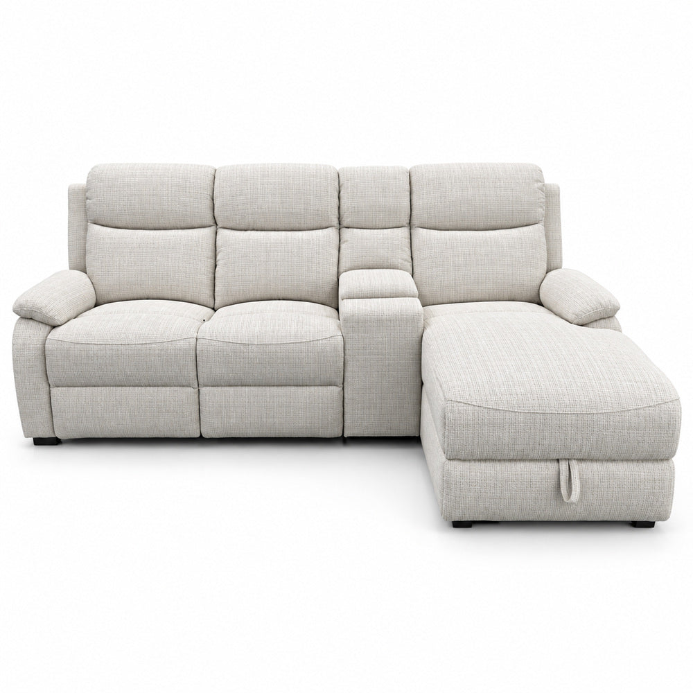 Canapé d’angle droit avec coffre et fonction relax en tissu Cremona beige – Cosmo