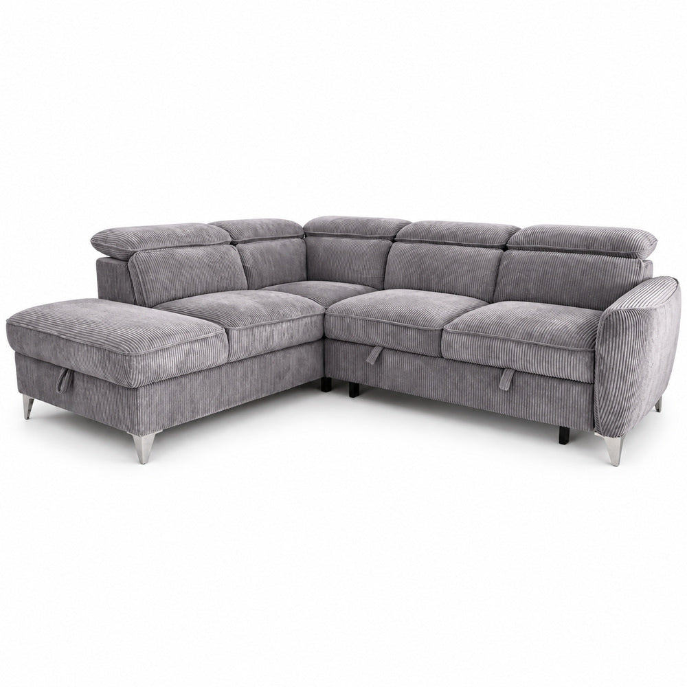Canapé d’angle gauche convertible avec coffre en tissu côtelé gris – Bari