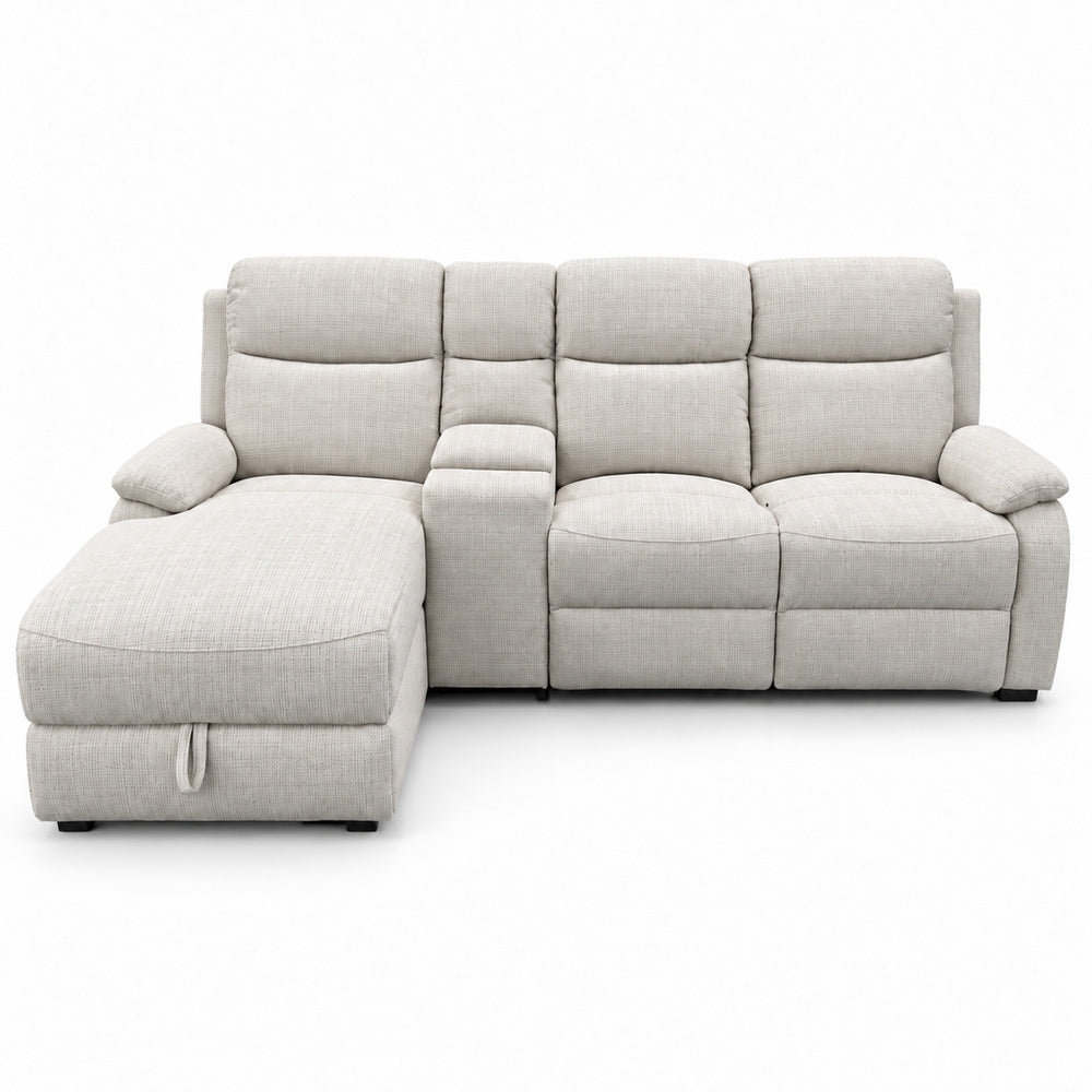 Canapé d’angle gauche avec coffre et fonction relax en tissu Cremona beige – Cosmo