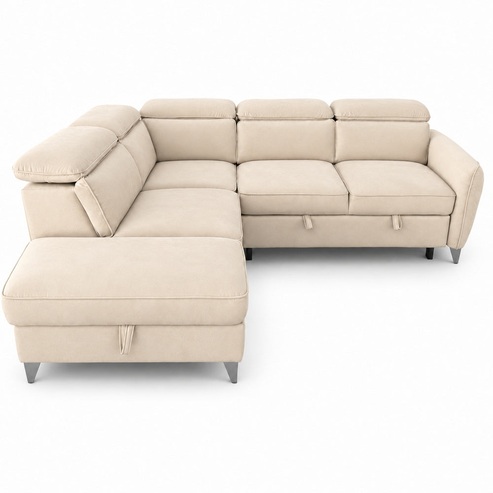 Canapé d’angle gauche convertible avec coffre en velours beige – Bari