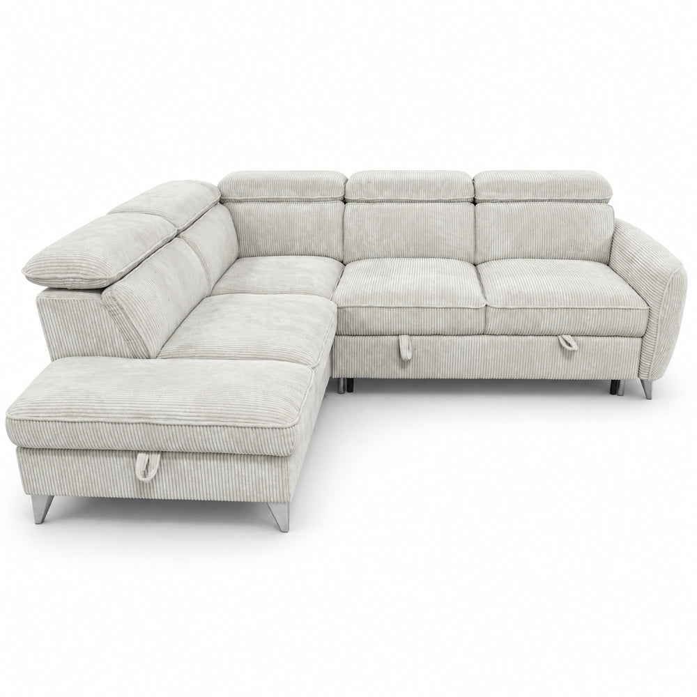 Canapé d’angle gauche convertible avec coffre en tissu côtelé beige – Bari