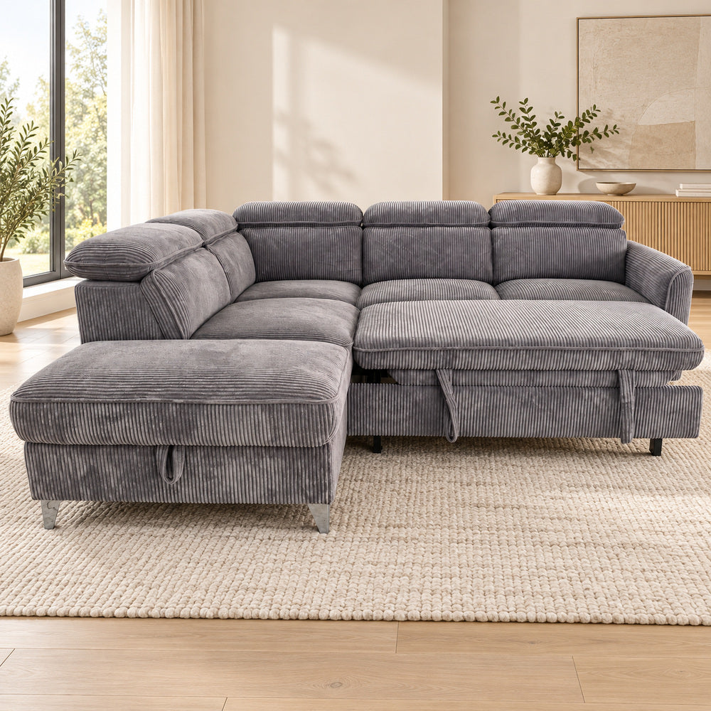 Canapé d’angle gauche convertible avec coffre en tissu côtelé gris – Bari