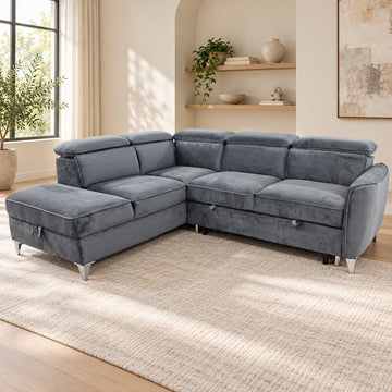 Canapé d’angle gauche convertible avec coffre en velours anthracite – Bari