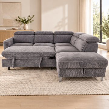 Canapé d’angle droit convertible avec coffre en tissu côtelé gris – Bari