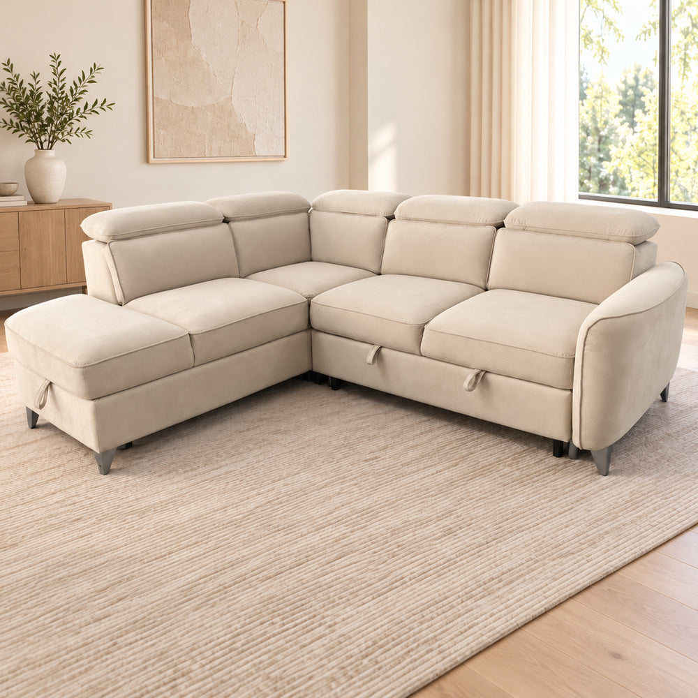 Canapé d’angle gauche convertible avec coffre en velours beige – Bari