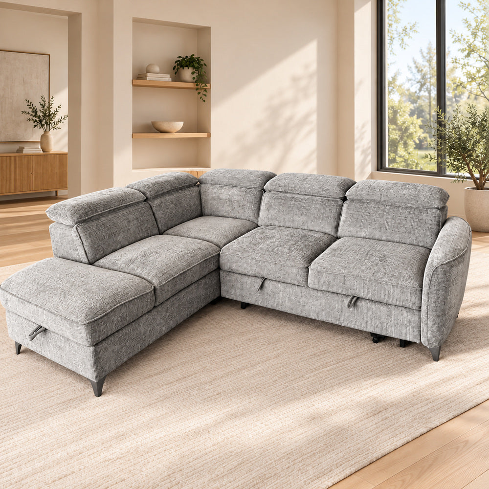 Canapé d’angle gauche convertible avec coffre en tissu Cremona anthracite – Bari