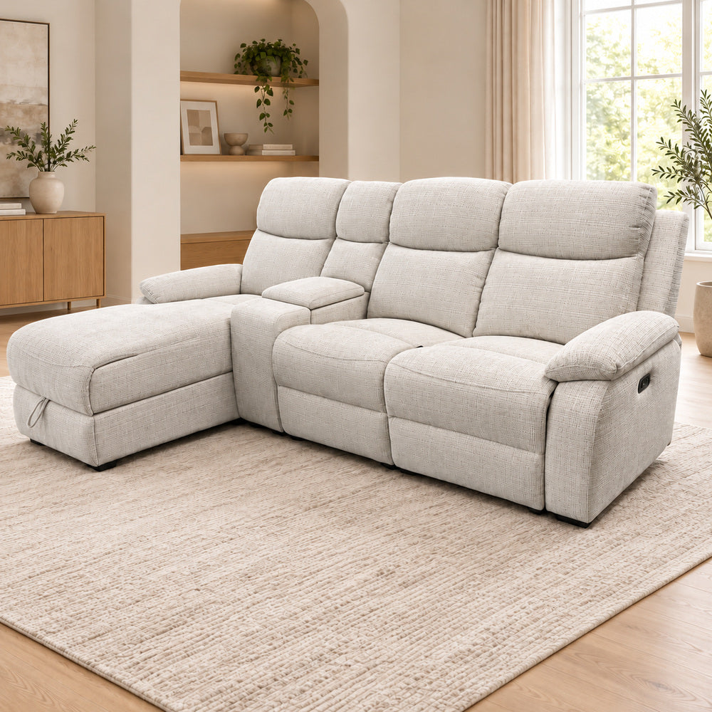 Canapé d’angle gauche avec coffre et fonction relax en tissu Cremona beige – Cosmo