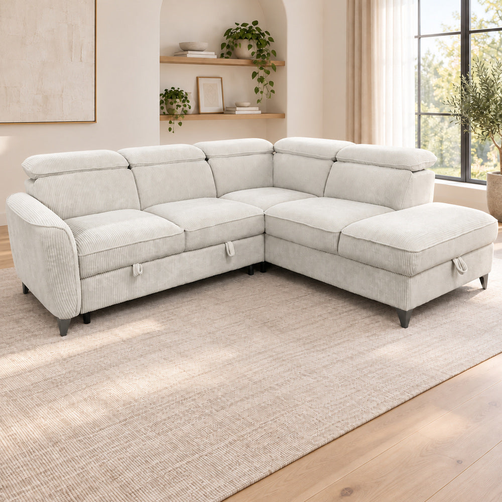 Canapé d’angle droit convertible avec coffre en tissu côtelé beige – Bari