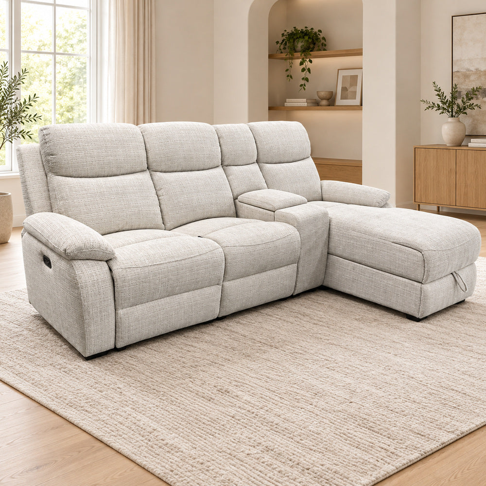 Canapé d’angle droit avec coffre et fonction relax en tissu Cremona beige – Cosmo
