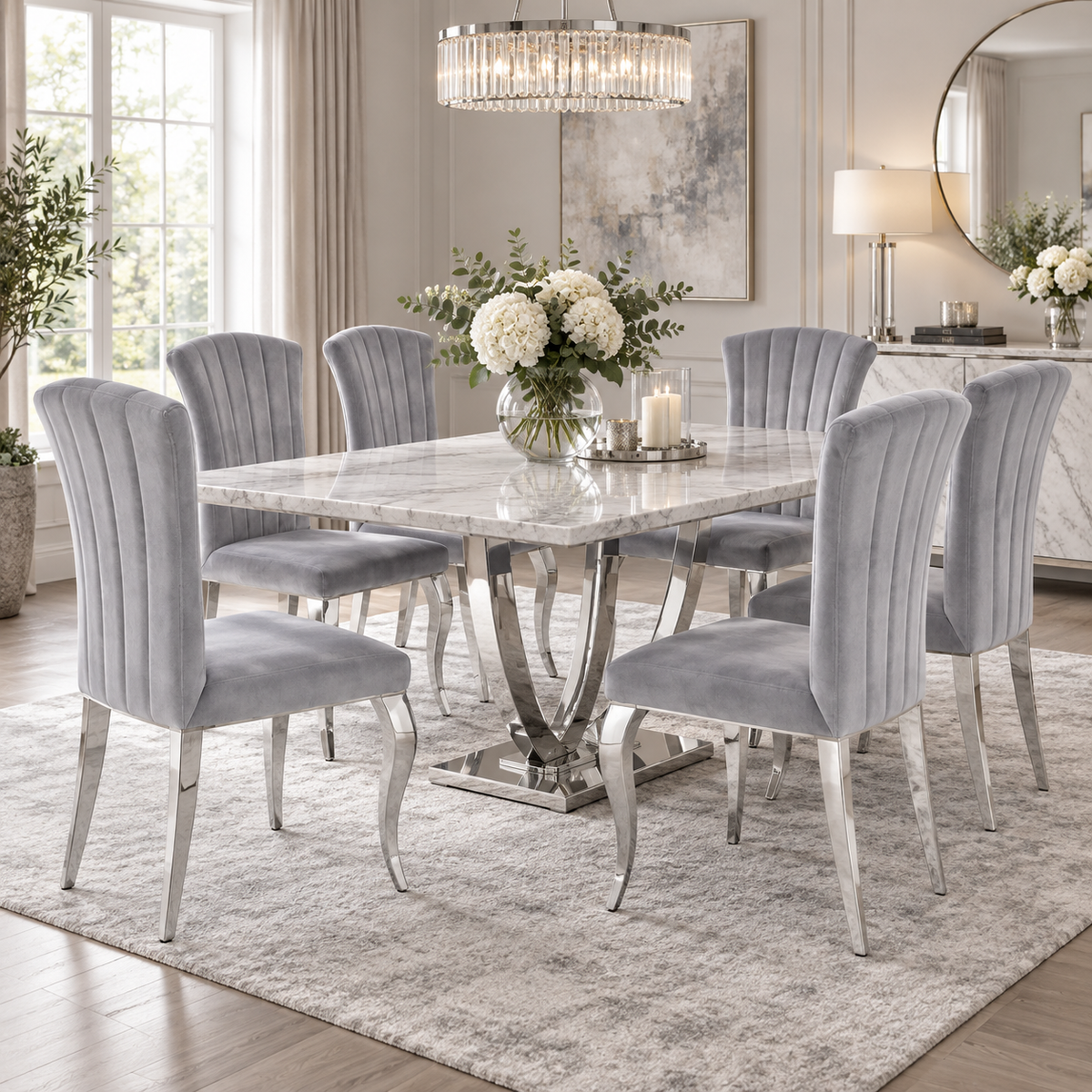 Lot de 6 Chaises Salle à Manger Baroque – Velours Gris & Pieds Chromés