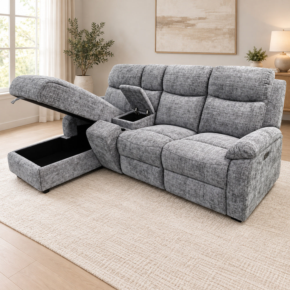 Canapé d’angle gauche avec coffre et fonction relax en tissu Cremona anthracite – Cosmo