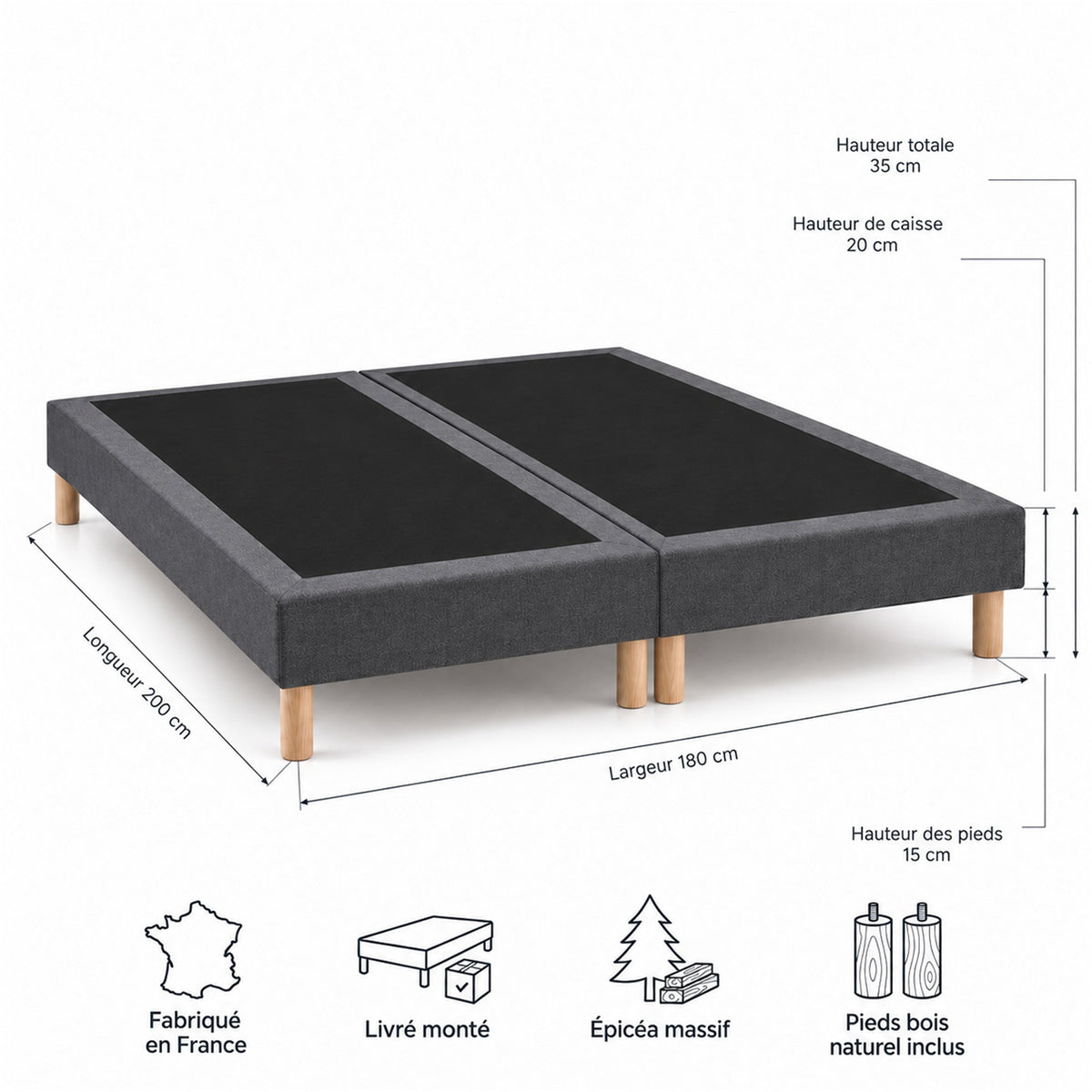 Lot de 2 sommiers tapissiers déco 90x200 cm Gris - 180x200 - Hauteur 35 cm - 8 pieds inclus