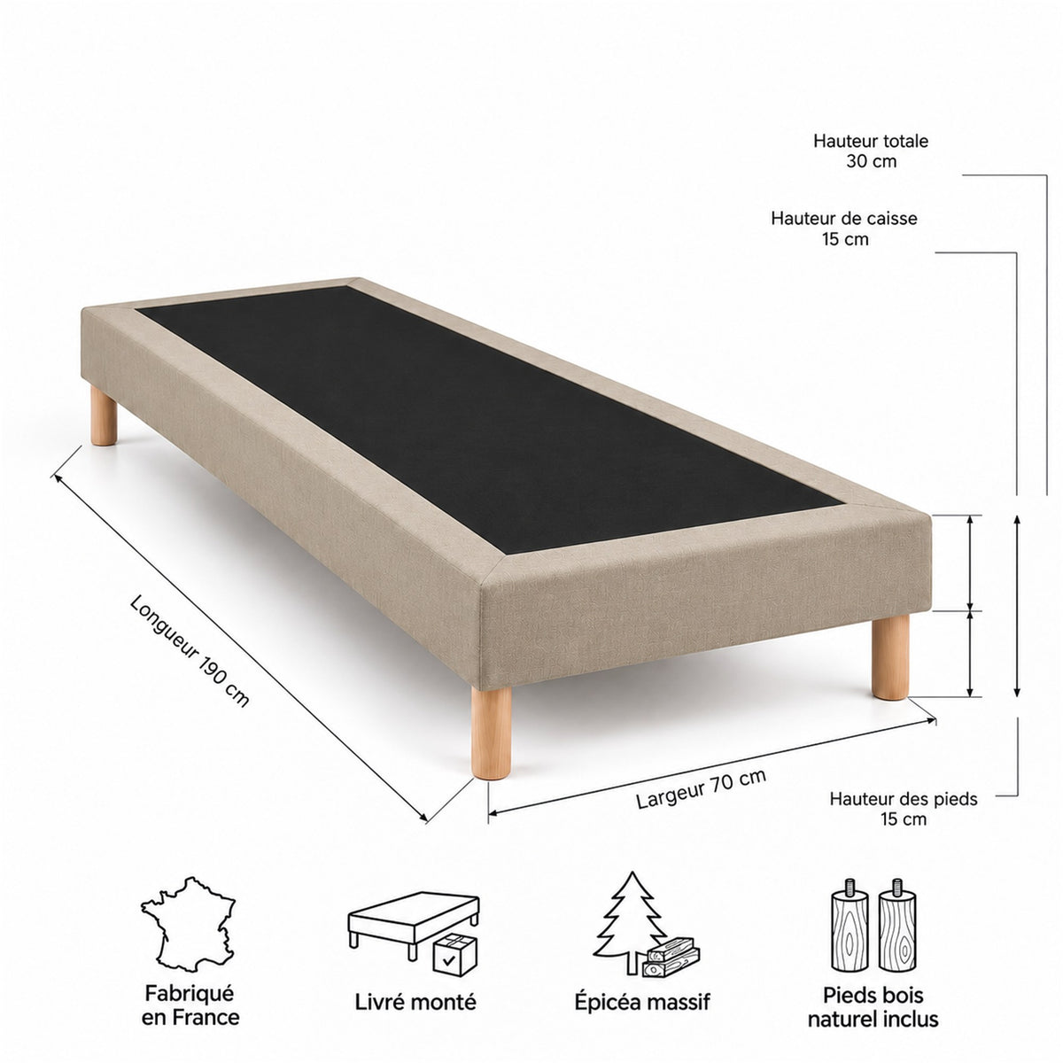 Sommier tapissier déco 70x190 cm Beige - Hauteur 30 cm - Pieds inclus