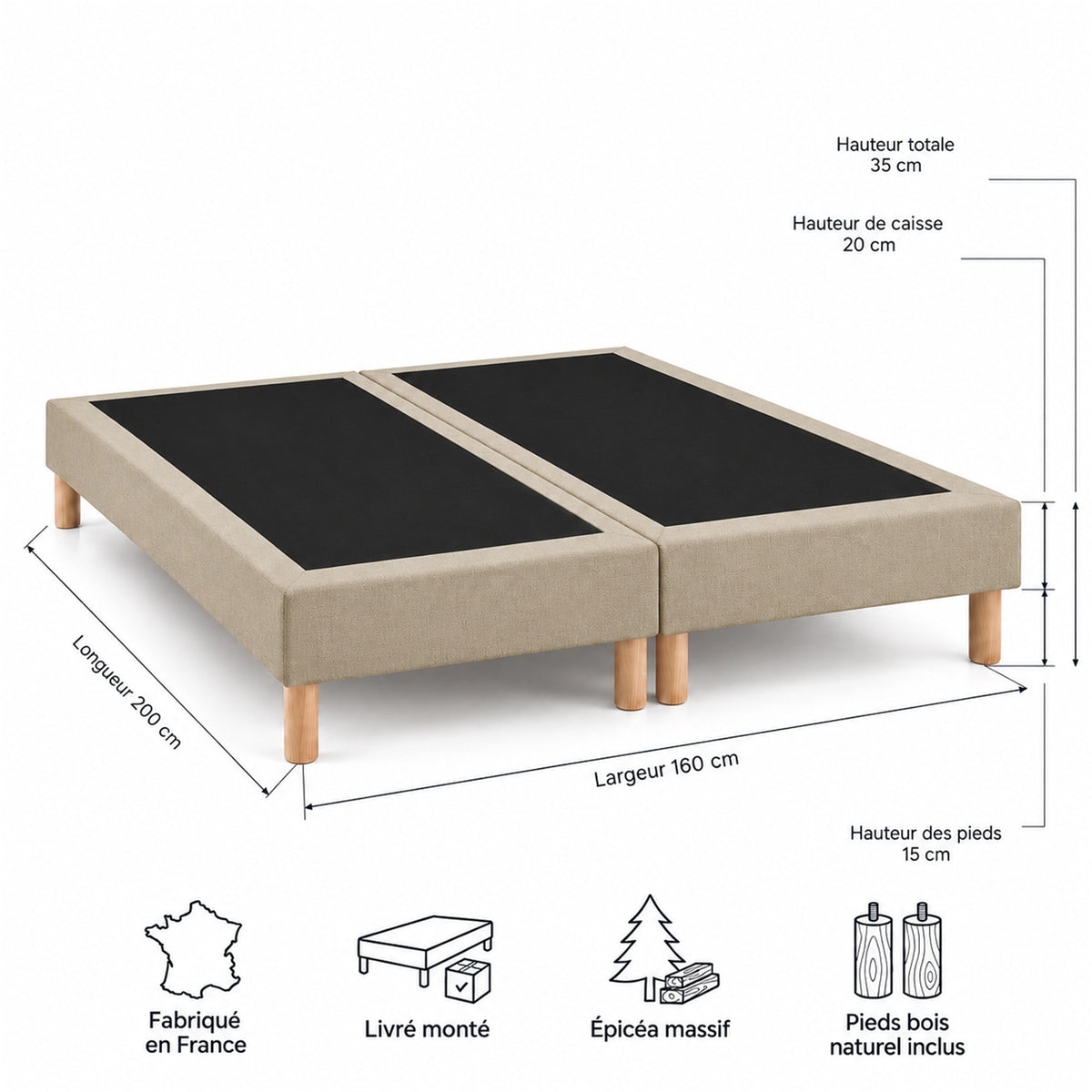 Lot de 2 sommiers tapissiers déco 80x200 cm Beige - 160x200 - Hauteur 35 cm - pieds inclus