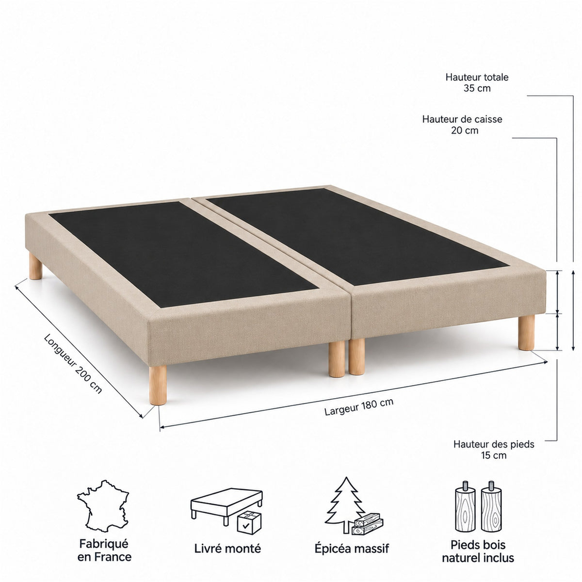 Lot de 2 sommiers tapissiers déco 90x200 cm Beige - 180x200 - Hauteur 35 cm - pieds inclus