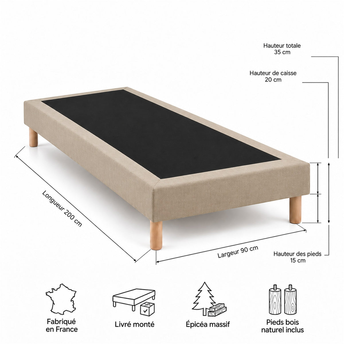 Sommier tapissier déco 90x200 cm Beige - Hauteur 35 cm - Caisse 20 cm - Pieds inclus