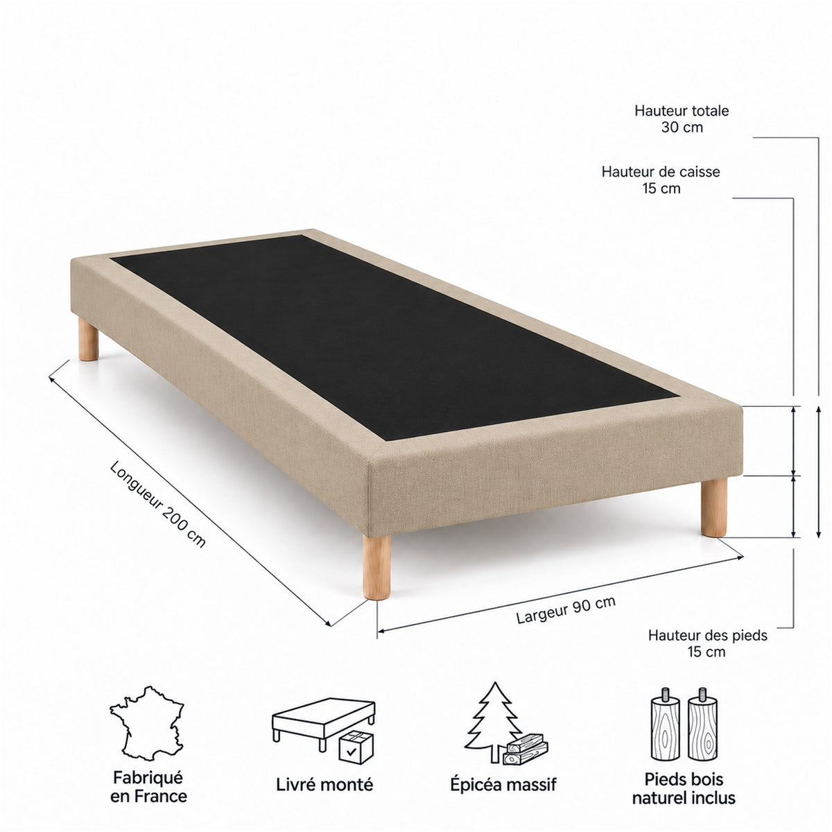 Sommier tapissier déco 90x200 cm Beige - Hauteur 30 cm - Pieds inclus