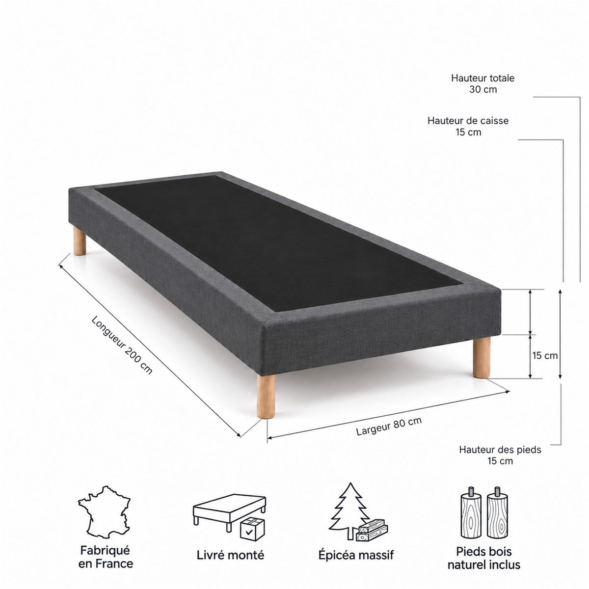 Sommier tapissier déco 80x200 cm Gris - Hauteur 30 cm - Pieds inclus