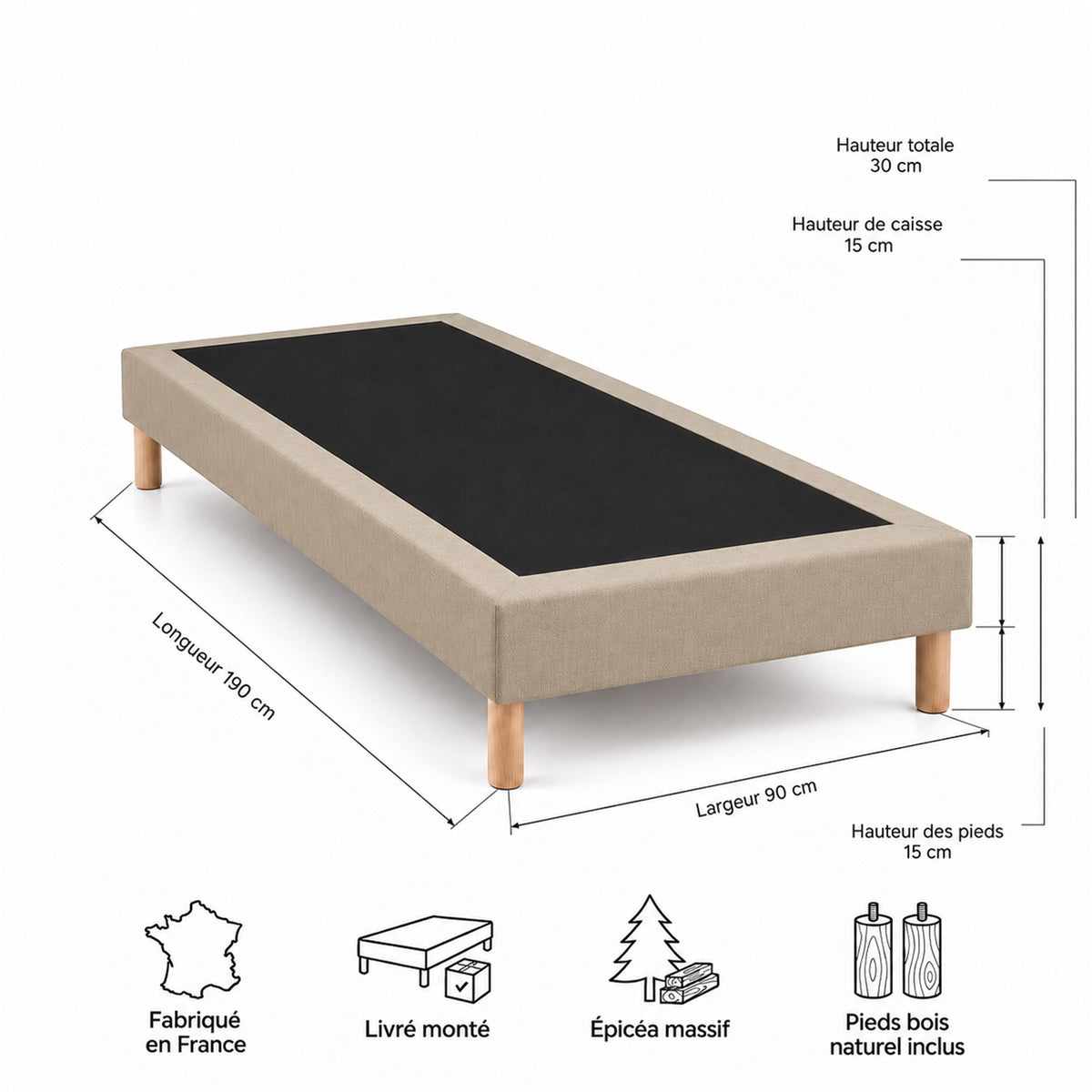 Sommier tapissier déco 90x190 cm Beige - Hauteur 30 cm - Pieds inclus