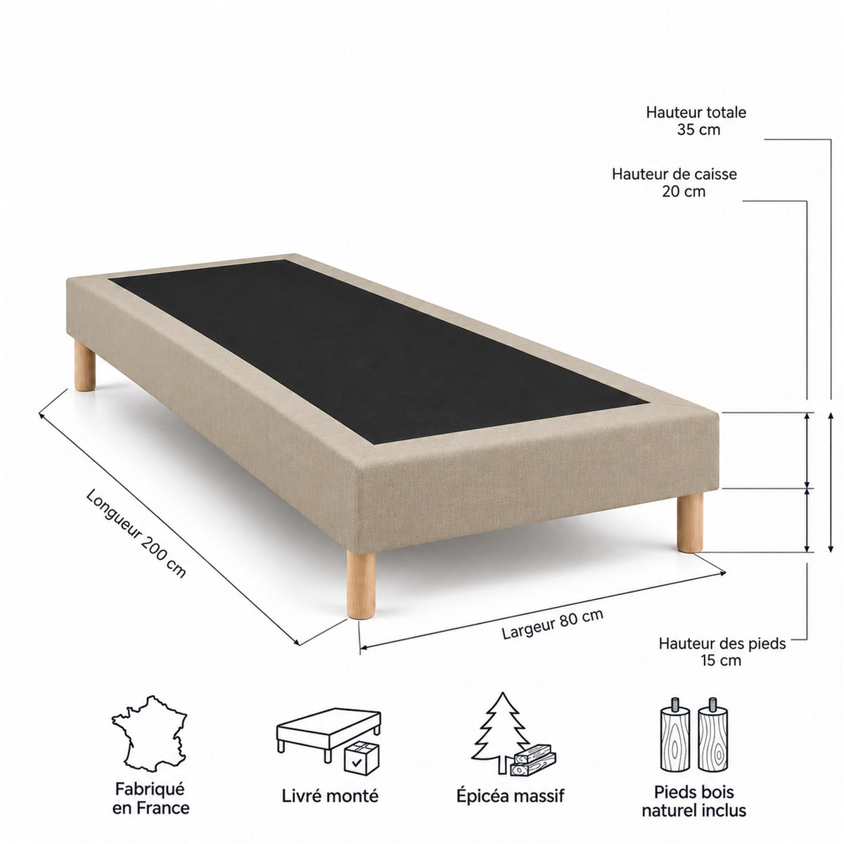Sommier tapissier déco 80x200 cm Beige - Hauteur 35 cm - Caisse 20 cm - Pieds inclus