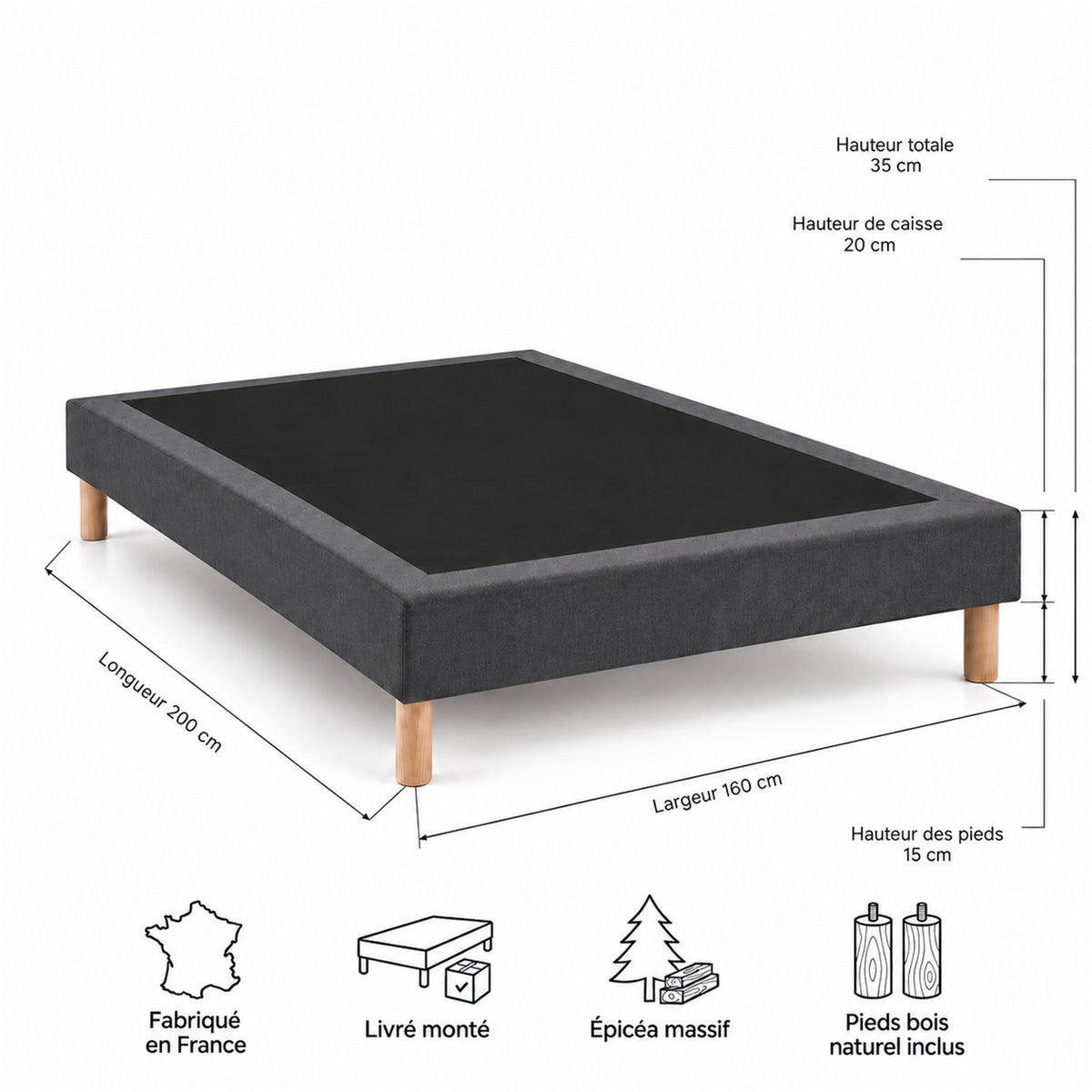 Sommier tapissier déco 160x200 cm Gris - Hauteur 35 cm - Caisse 20 cm - Pieds Inclus