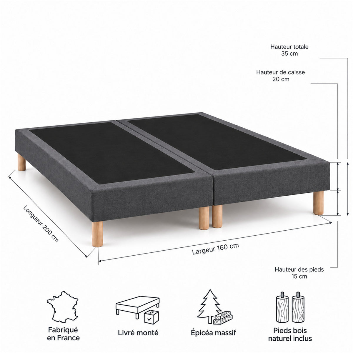 Lot de 2 sommiers tapissiers déco 80x200 cm Gris - 160x200 - Hauteur 35 cm - 8 pieds inclus