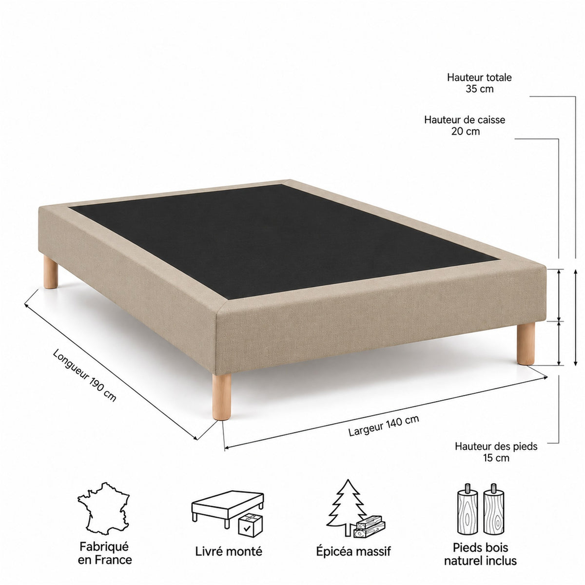 Sommier tapissier déco 140x190 cm Beige - Hauteur 35 cm - Caisse 20 cm - Pieds inclus