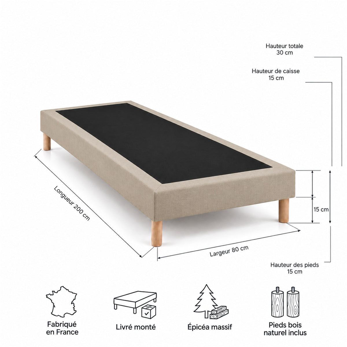 Sommier tapissier déco 80x200 cm Beige - Hauteur 30 cm - Pieds inclus