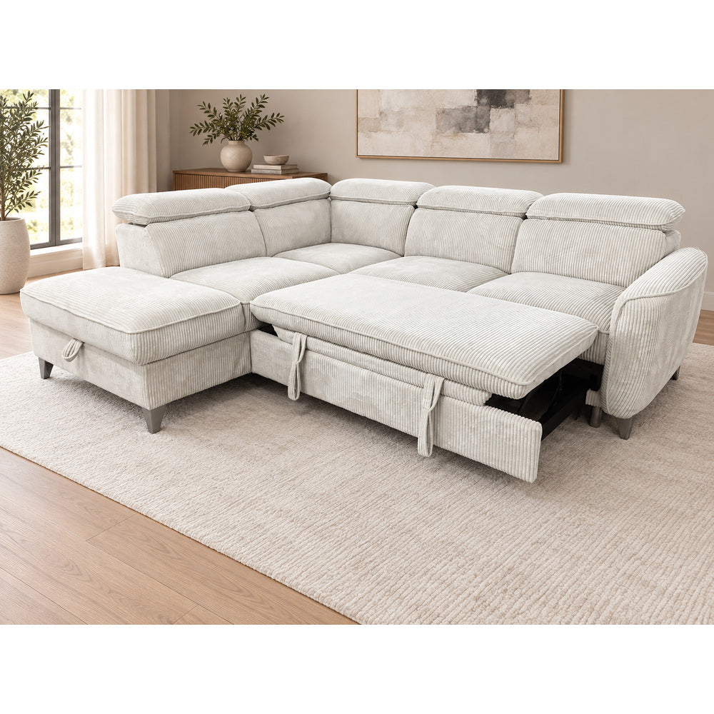Canapé d’angle gauche convertible avec coffre en tissu côtelé beige – Bari