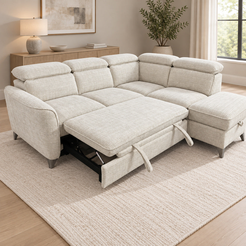 Canapé d’angle droit convertible avec coffre en tissu Cremona beige – Bari