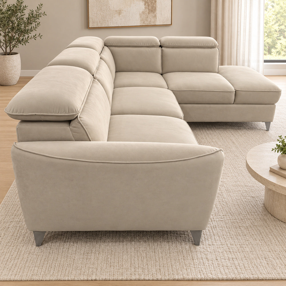 Canapé d’angle droit convertible avec coffre en velours beige – Bari