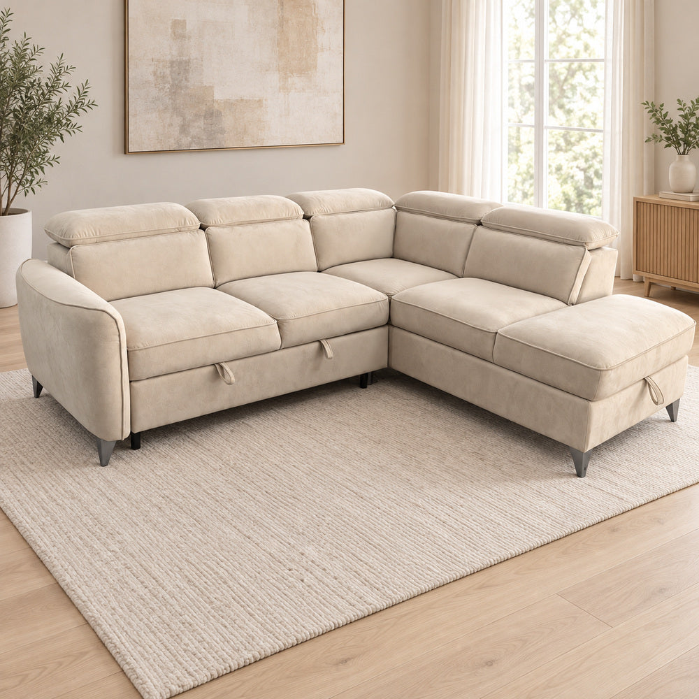 Canapé d’angle droit convertible avec coffre en velours beige – Bari