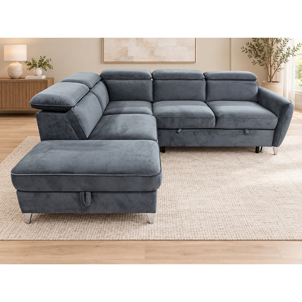 Canapé d’angle gauche convertible avec coffre en velours anthracite – Bari