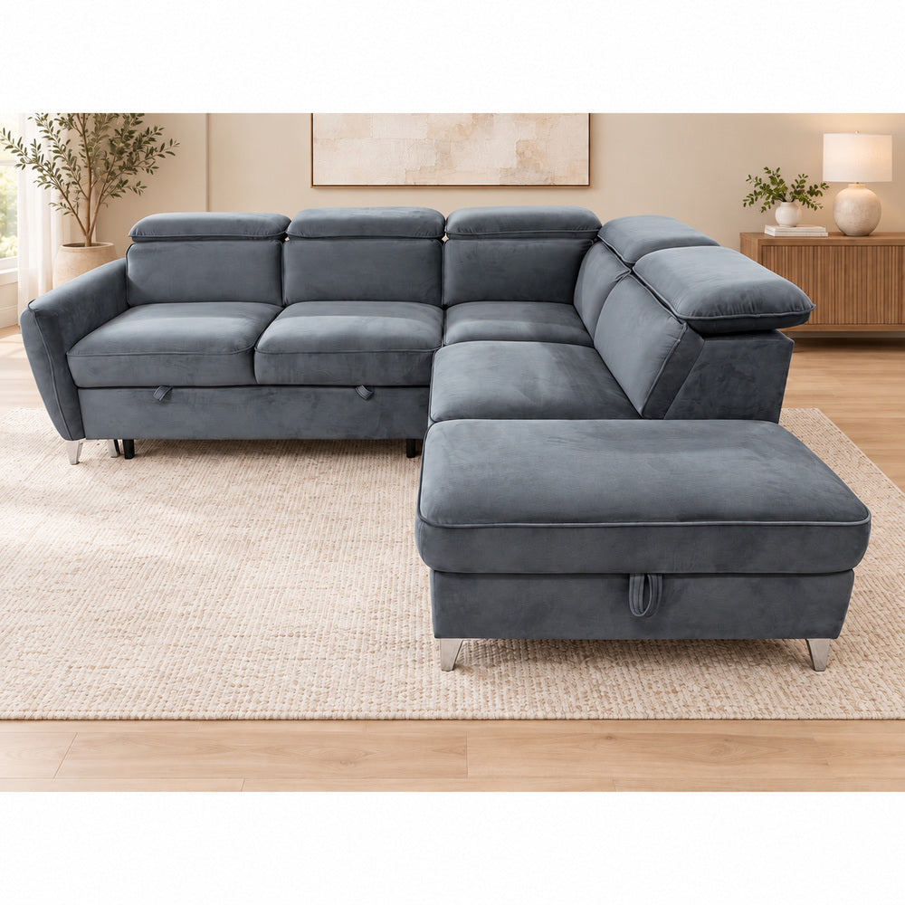 Canapé d’angle droit convertible avec coffre en velours anthracite – Bari