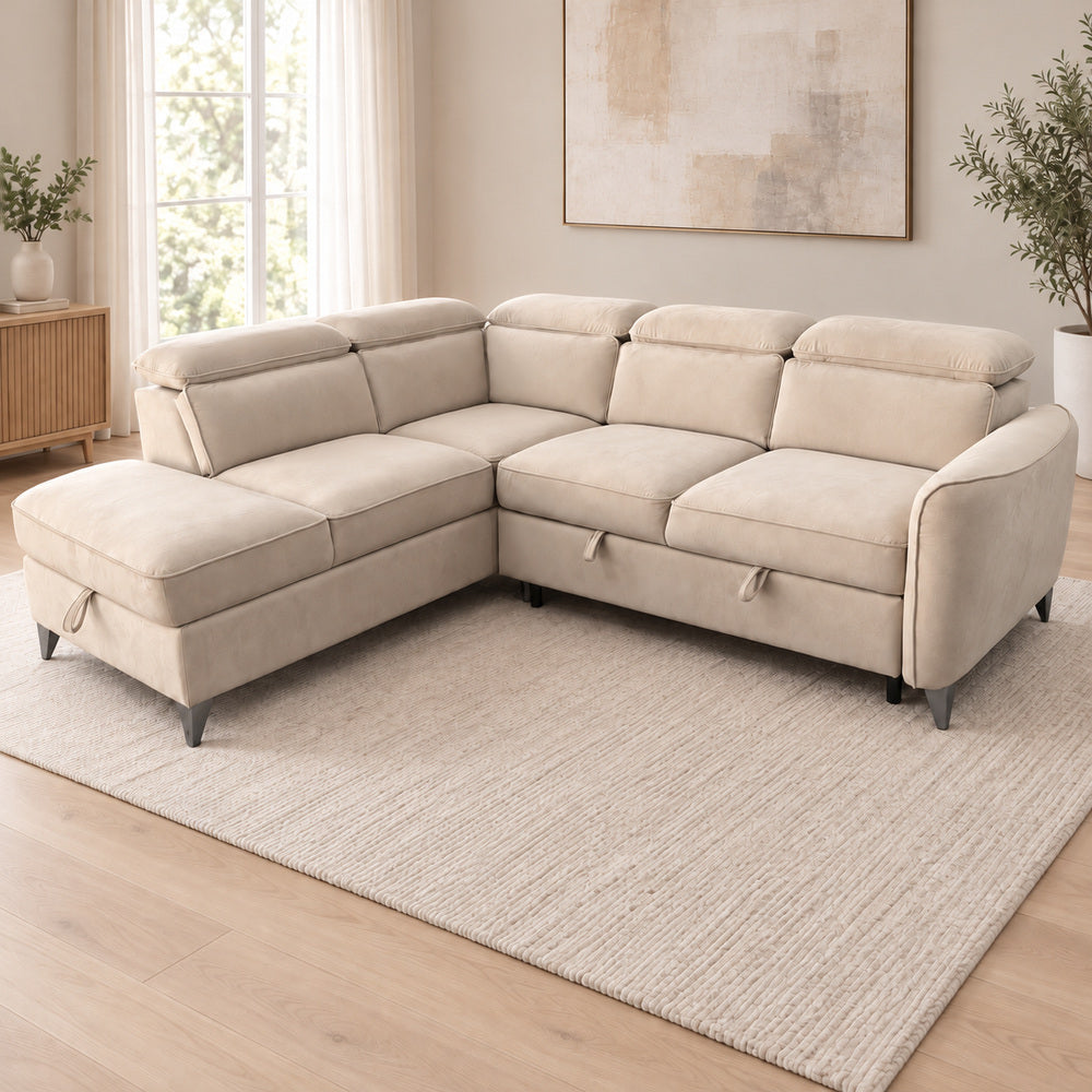 Canapé d’angle gauche convertible avec coffre en velours beige – Bari
