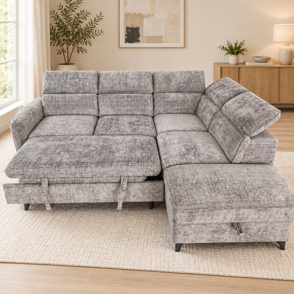 Canapé d’angle droit convertible avec coffre en tissu Cremona anthracite – Bari