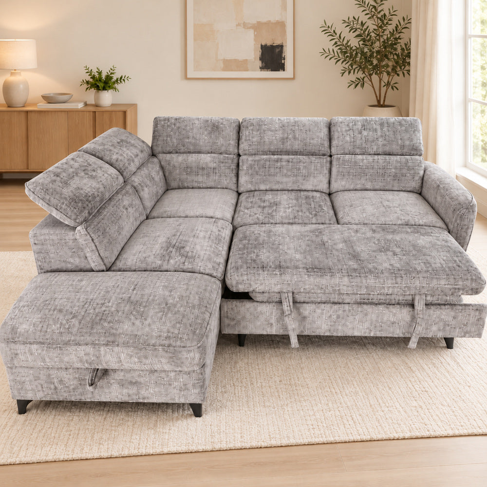 Canapé d’angle gauche convertible avec coffre en tissu Cremona anthracite – Bari