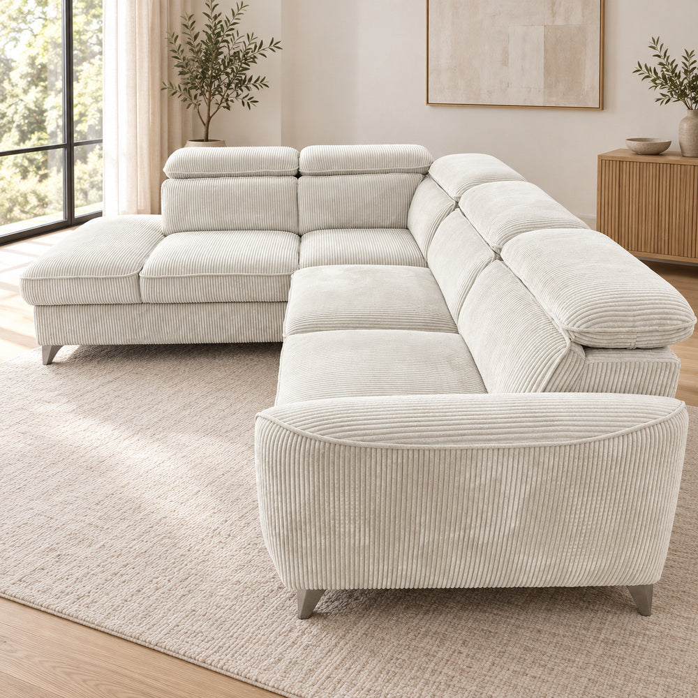 Canapé d’angle gauche convertible avec coffre en tissu côtelé beige – Bari