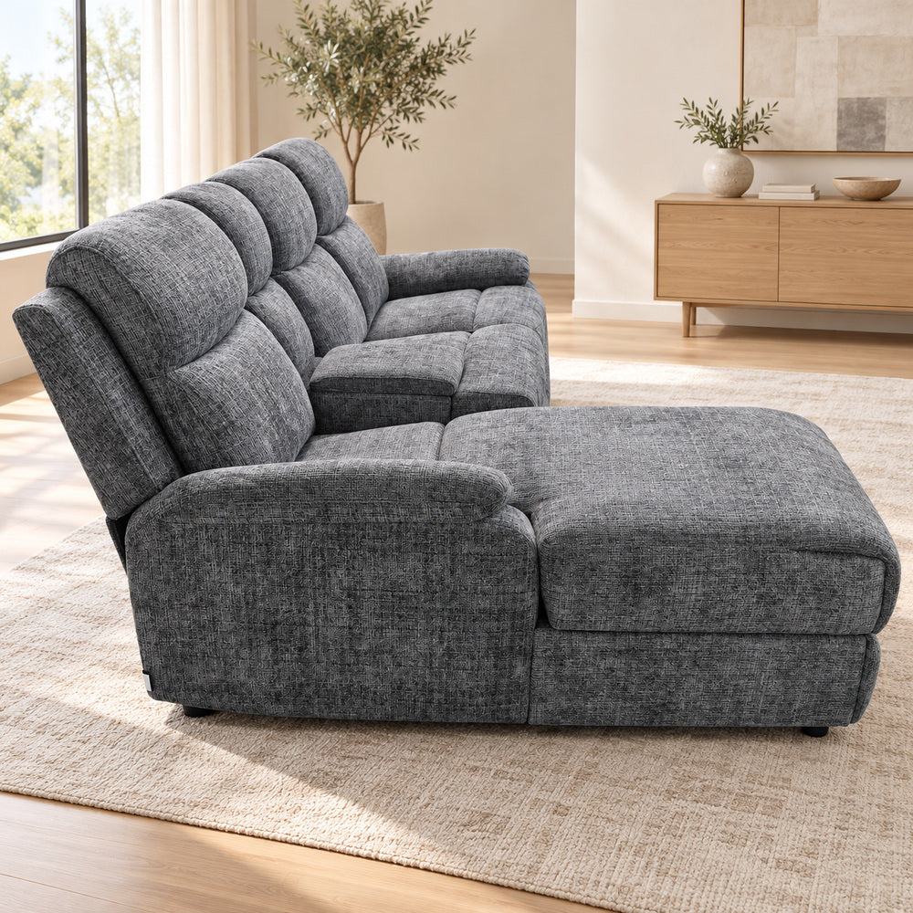 Canapé d’angle gauche avec coffre et fonction relax en tissu Cremona anthracite – Cosmo