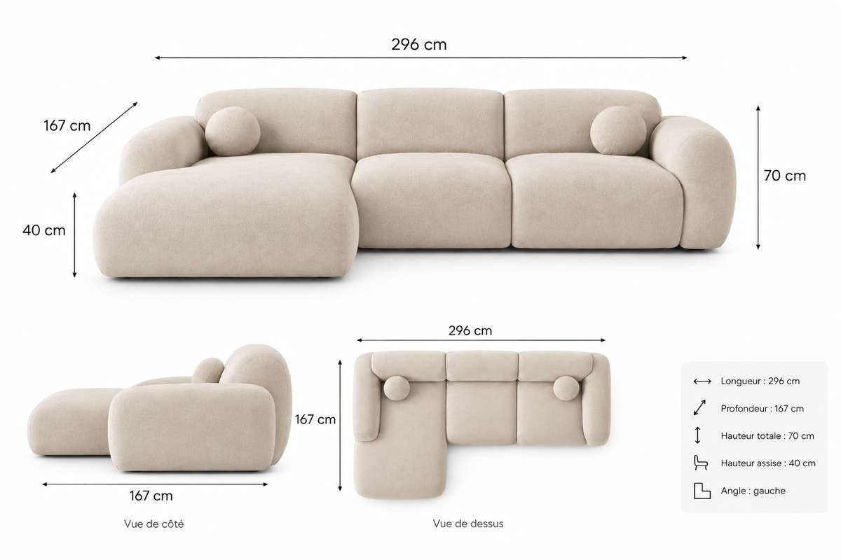 Canapé d’angle arrondi Tissu Cremona beige Cloud Bis - Angle Gauche
