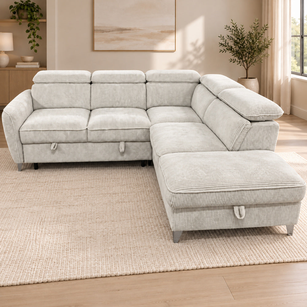 Canapé d’angle droit convertible avec coffre en tissu côtelé beige – Bari