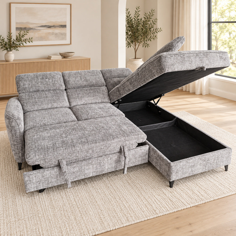 Canapé d’angle droit convertible avec coffre en tissu Cremona anthracite – Bari