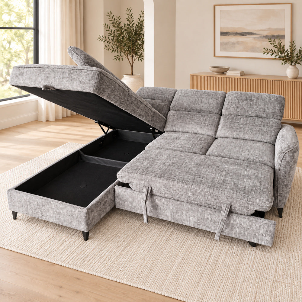 Canapé d’angle gauche convertible avec coffre en tissu Cremona anthracite – Bari
