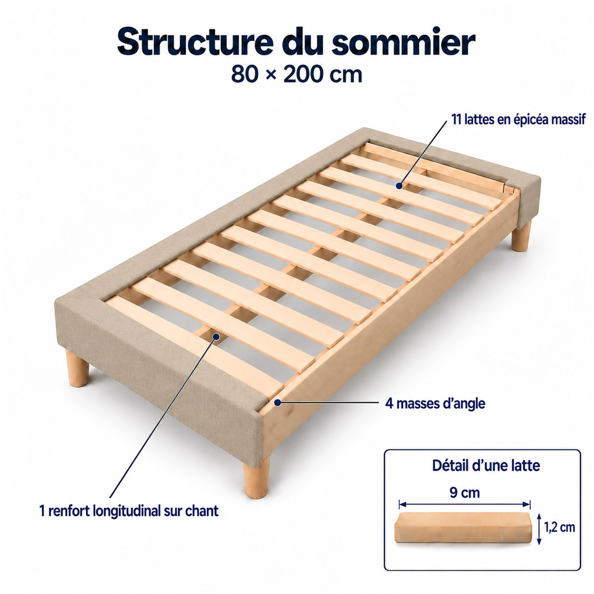 Sommier tapissier déco 80x200 cm Beige - Hauteur 35 cm - Caisse 20 cm - Pieds inclus