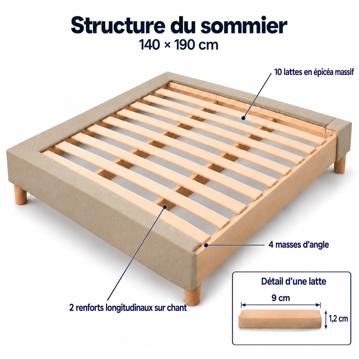 Sommier tapissier déco 140x190 cm Beige - Hauteur 35 cm - Caisse 20 cm - Pieds inclus