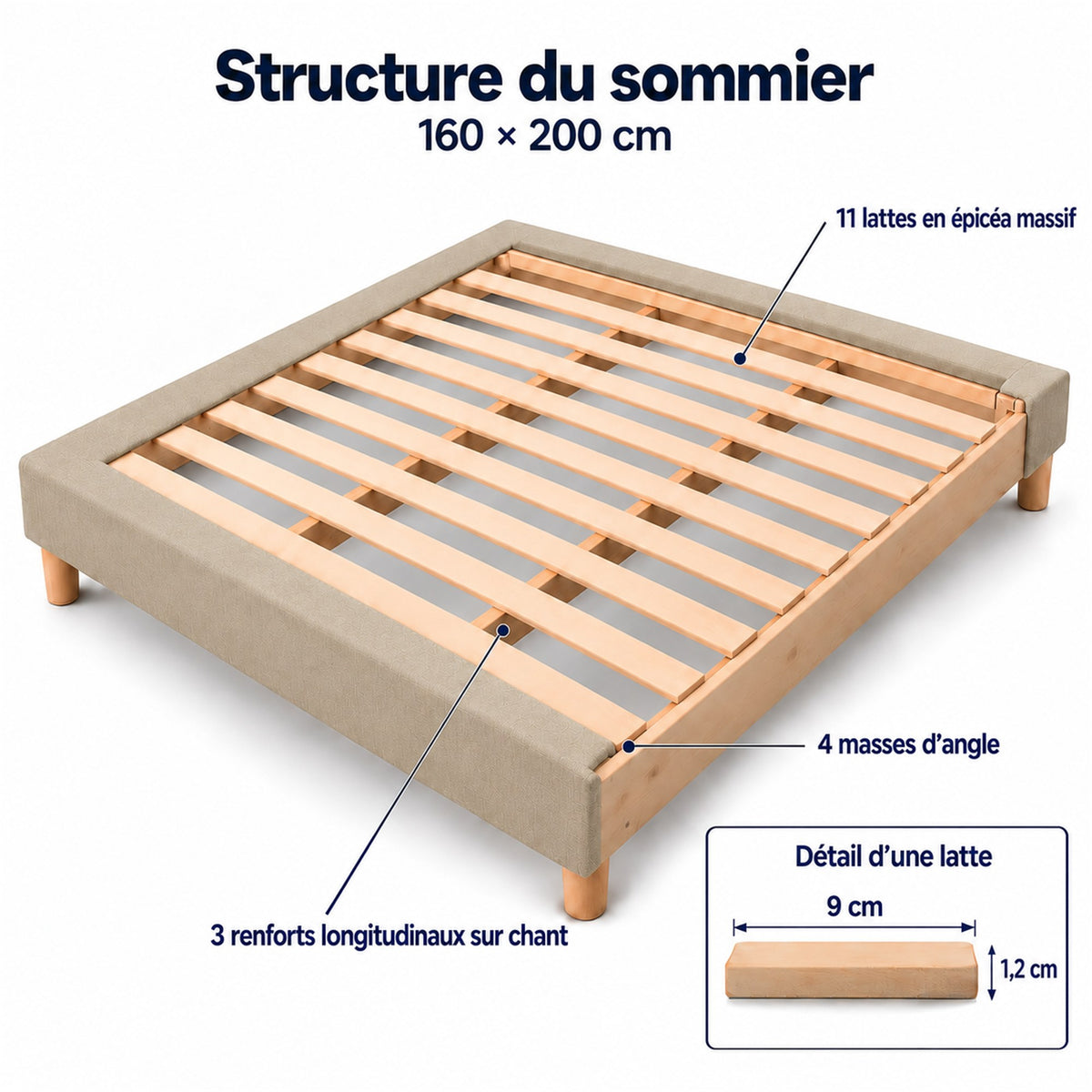 Sommier tapissier déco 160x200 cm Beige - Hauteur 35 cm - Caisse 20 cm - Pieds inclus