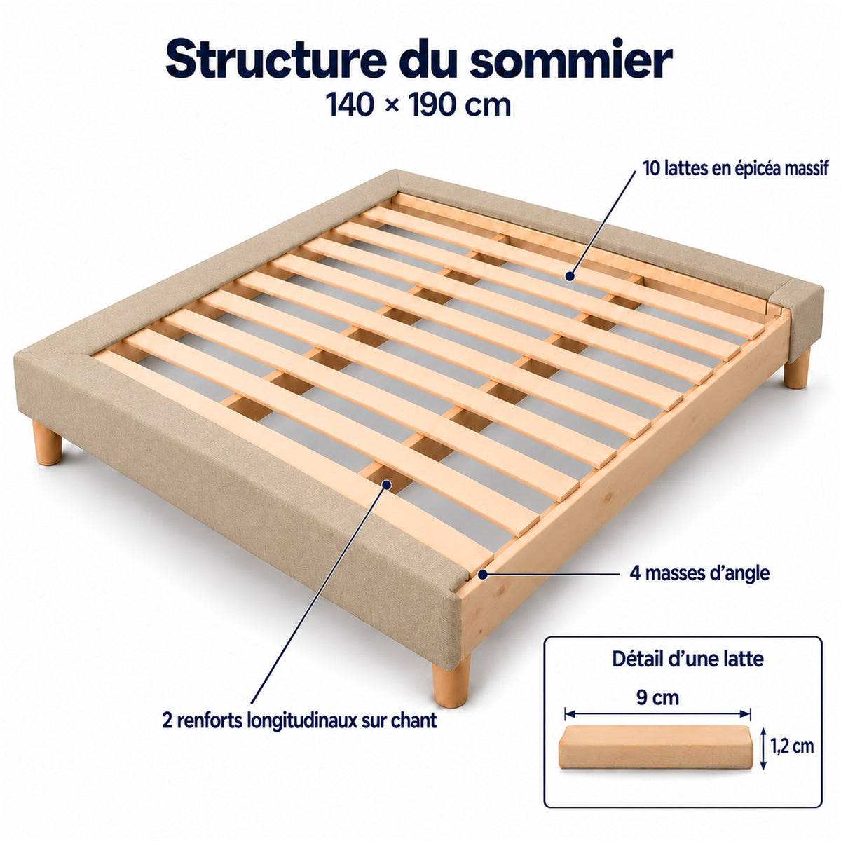 Sommier tapissier déco 140x190 cm Beige - Hauteur 30 cm - Pieds inclus
