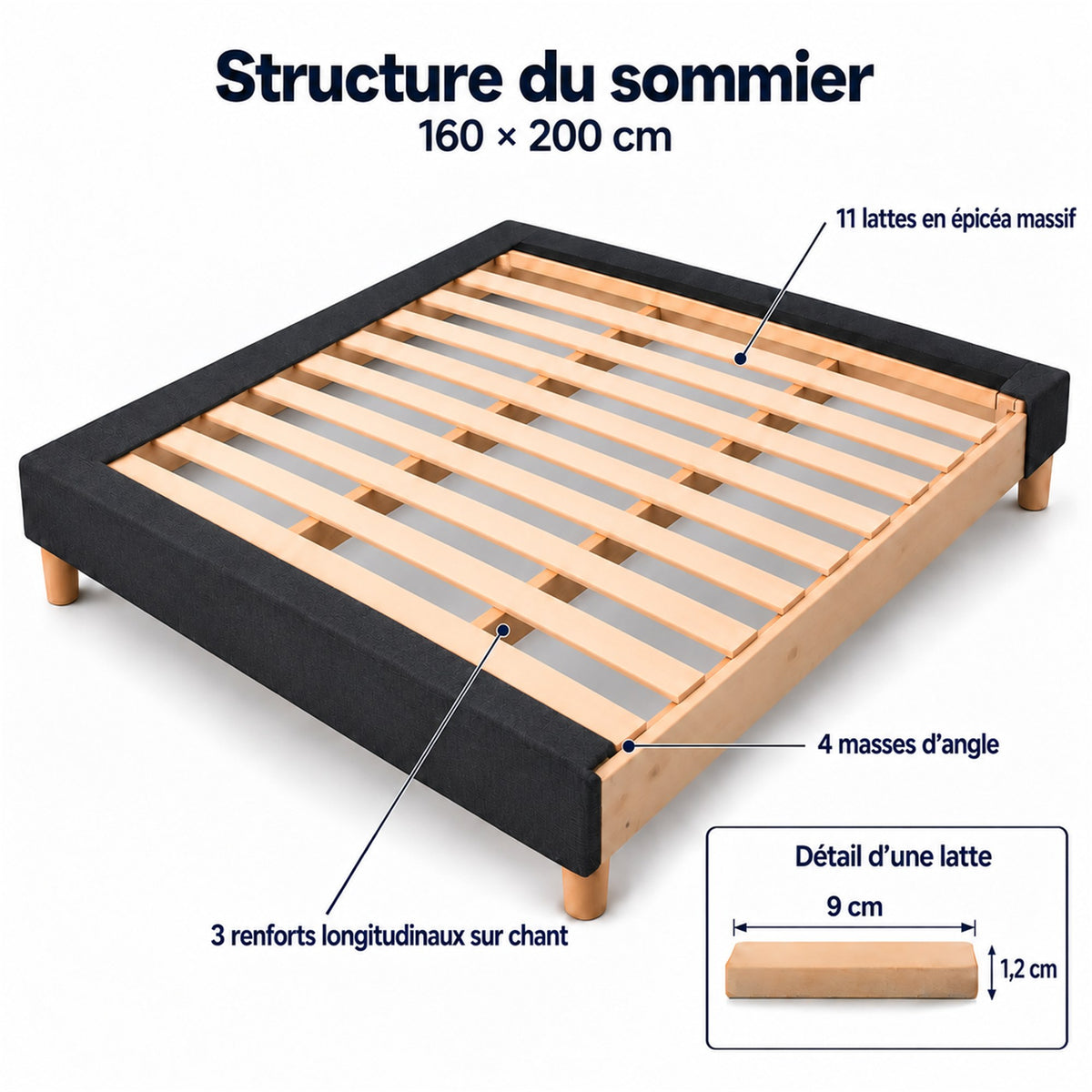 Sommier tapissier déco 160x200 cm Gris - Hauteur 35 cm - Caisse 20 cm - Pieds Inclus