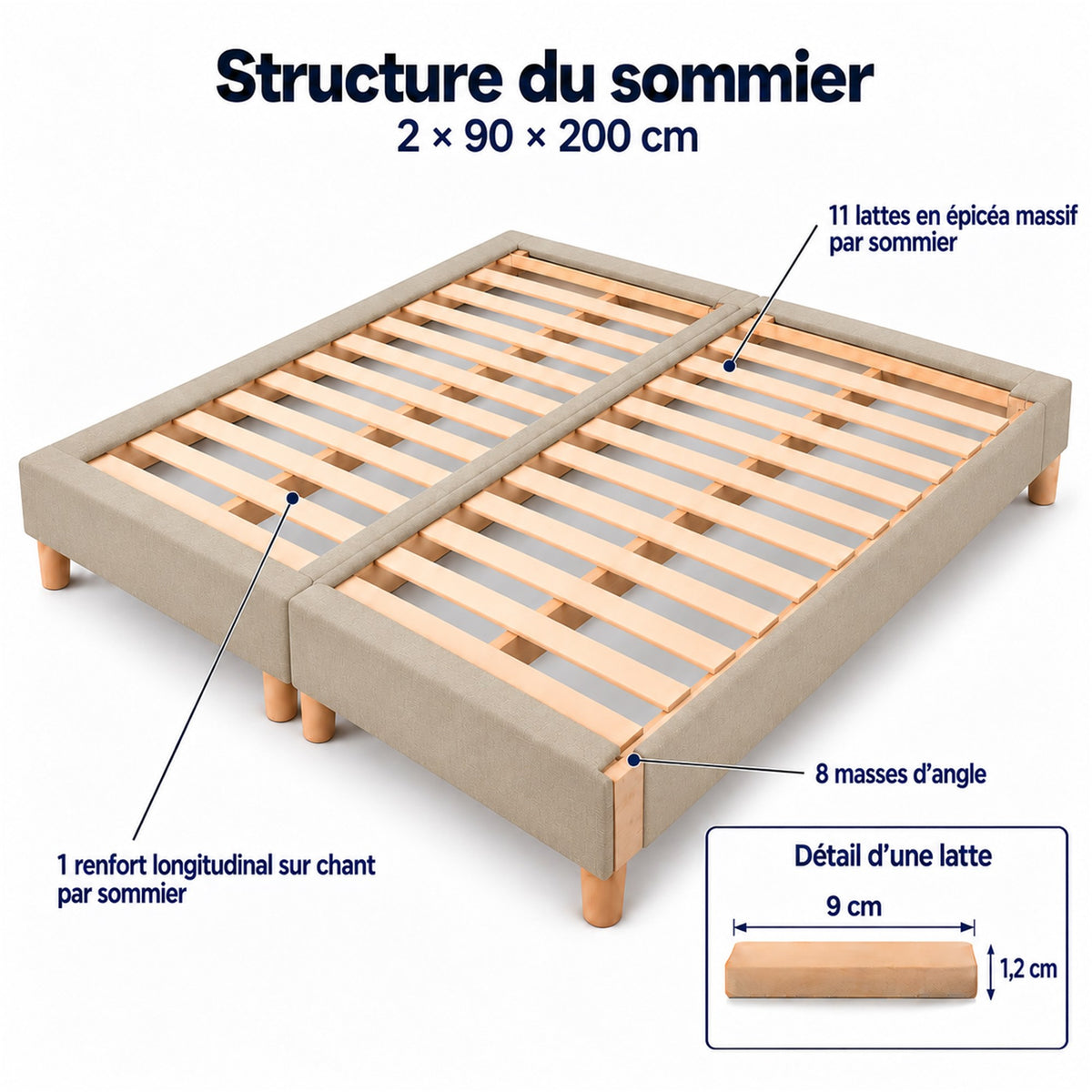 Lot de 2 sommiers tapissiers déco 90x200 cm Beige - 180x200 - Hauteur 35 cm - pieds inclus